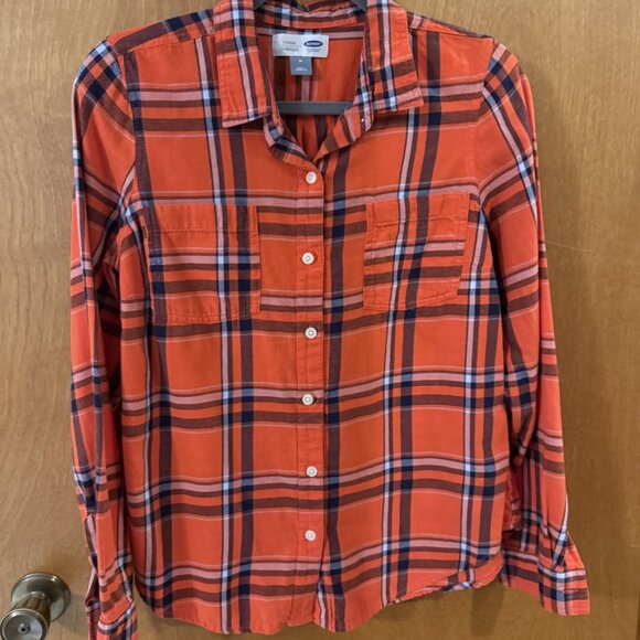 Old Navy Plaid Shirt Womens Size Medium Button Up Long Sleeve Orange Flannel - Picture 1 of 6